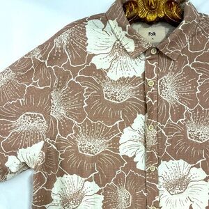Folk Cabana Shirt Men XL Cotton Linen Floral Hawaiian Summer Slim Brown White